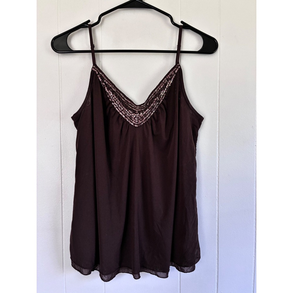 Y2K Guess Jeans‎ Womens Brown Sequin V-Neck Camisole Adjustable Strap Tank Top M